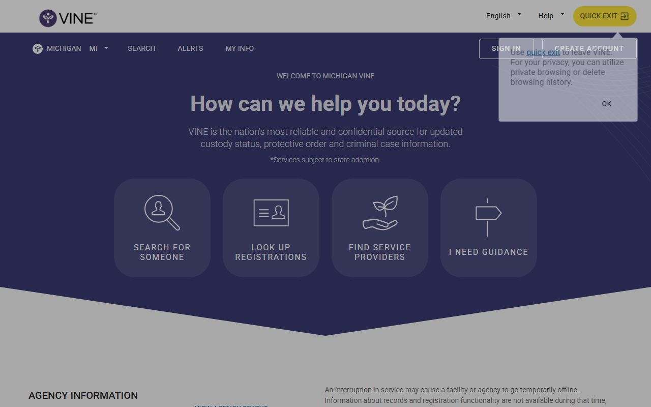 Michigan VINELink custody notification portal