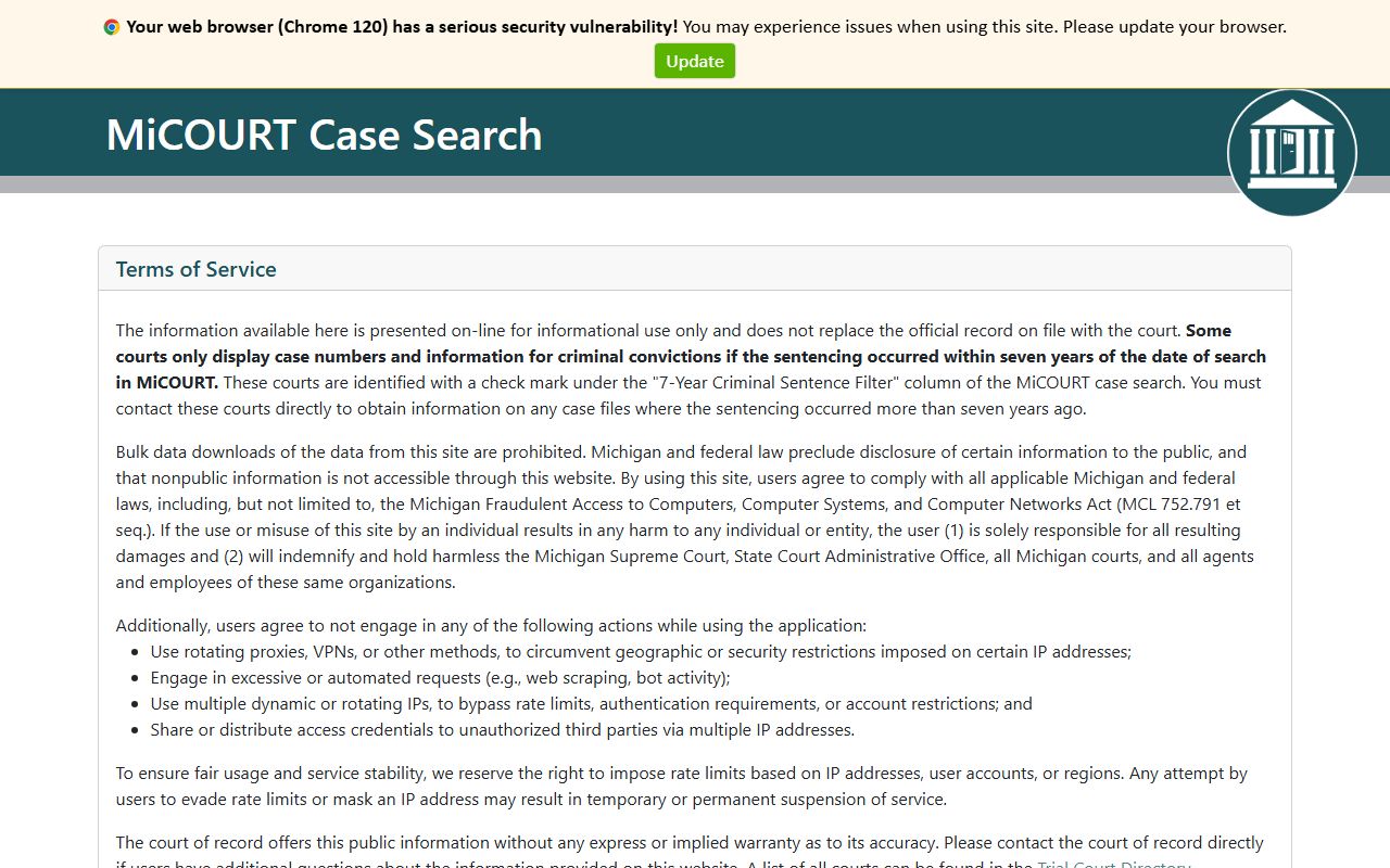 Michigan MiCOURT case search page for court records